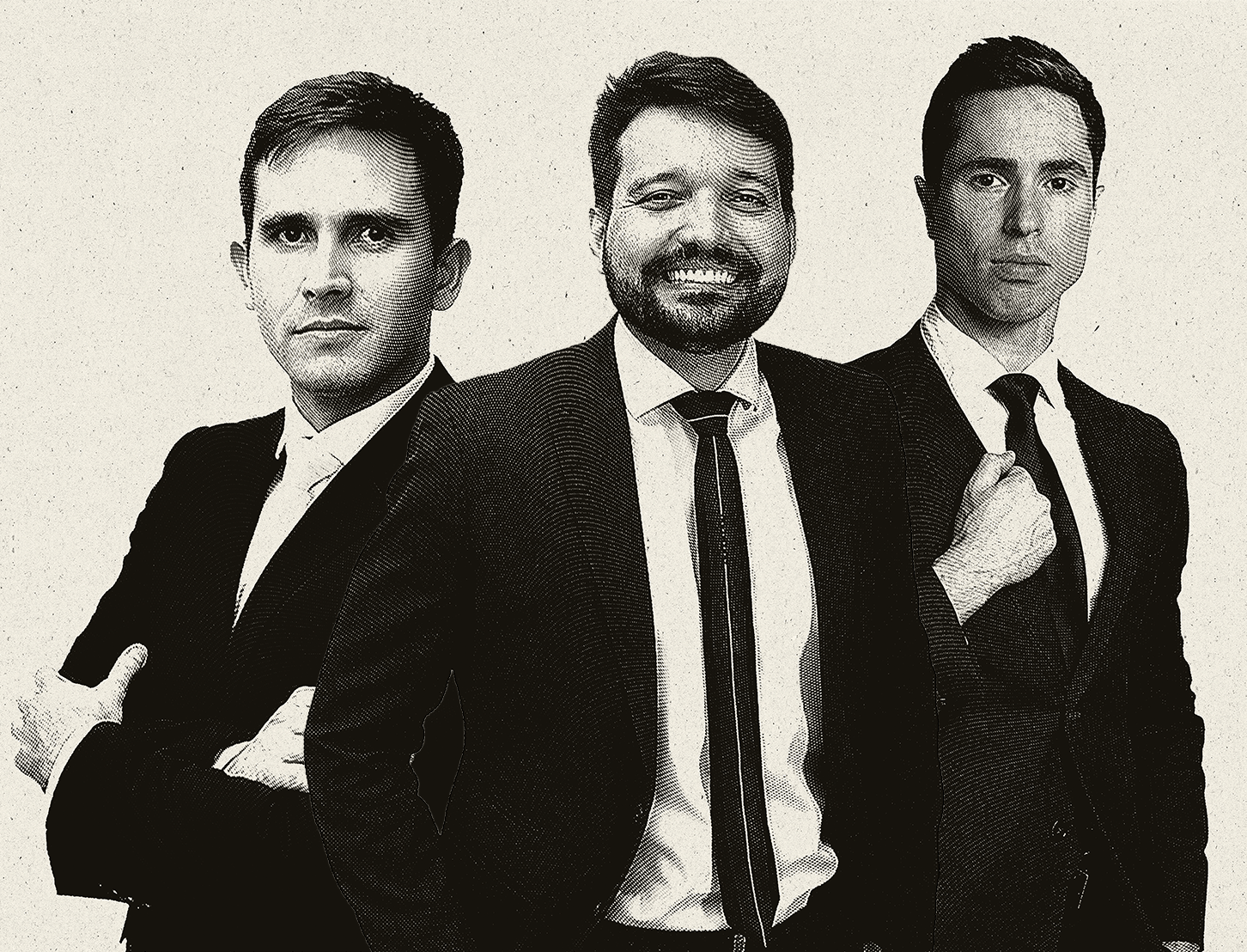 Os três sócios fundadores do Revisão Ensino Jurídico, todos Procuradores, em retrato de terno.